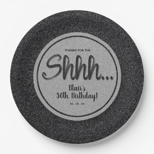 Black Glitter SURPRISE Birthday Party Paper Plates (Front)
