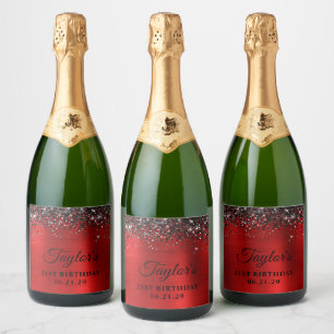 Black Glitter Top Border Red Foil 21st Birthday Sparkling Wine Label