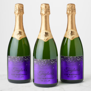 Black Glitter Top Border Violet Foil 21st Birthday Sparkling Wine Label