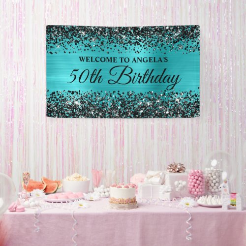 Black Glitter Turquoise Blue 50th Birthday Welcome Banner