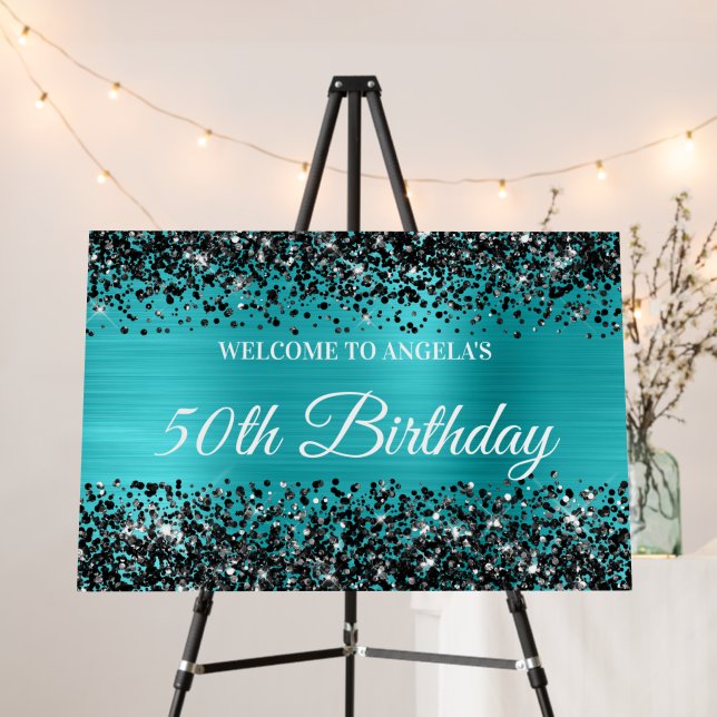 Black Glitter Turquoise Blue 50th Birthday Welcome Foam Board (In Situ (Stand))