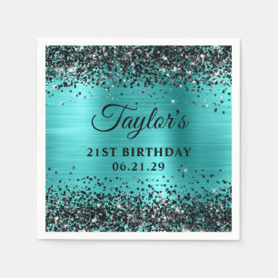 Black Glitter Turquoise Blue Foil 21st Birthday Napkins