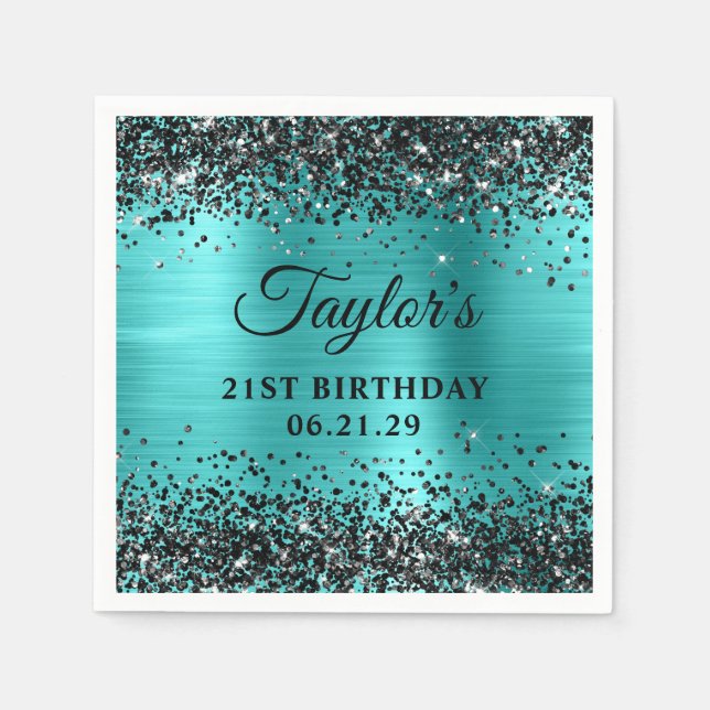 Black Glitter Turquoise Blue Foil 21st Birthday Napkins (Front)