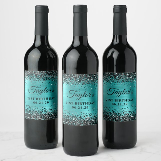 Black Glitter Turquoise Blue Foil 21st Birthday Wine Label (Bottles)