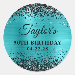 Black Glitter Turquoise Blue Foil 50th Birthday Classic Round Sticker