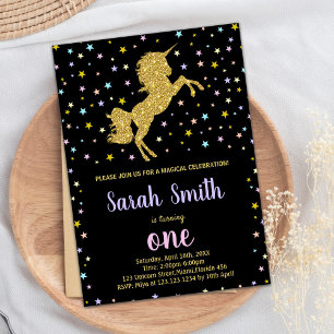 Black Glitter Unicorn Birthday Invitations