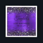 Black Glitter Violet Foil 21st Birthday Napkins<br><div class="desc">Create your own 21st birthday party paper napkins. Girly faux sparkly black glitter over a faux violet brushed metal style foil. Customize the font styles to create your own favor sticker design for her special celebration. A classic elegant calligraphy paired with an all caps serif font. The foil, sparkle and...</div>