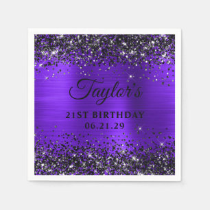 Black Glitter Violet Foil 21st Birthday Napkins