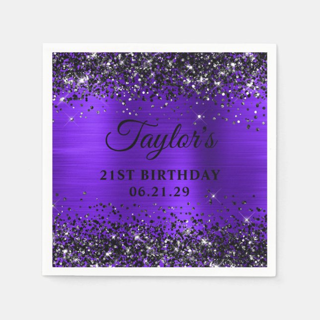 Black Glitter Violet Foil 21st Birthday Napkins (Front)