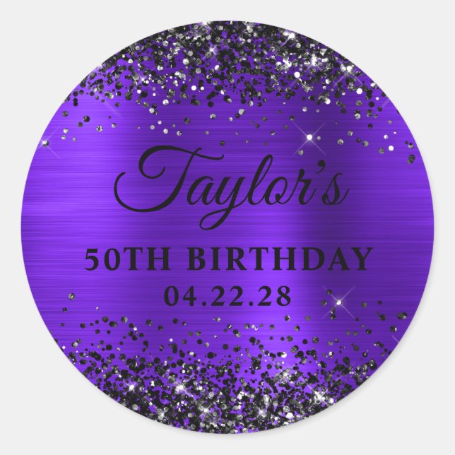 Black Glitter Violet Foil 50th Birthday Classic Round Sticker (Front)