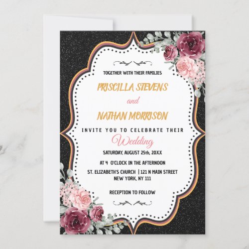 Black Glitter Watercolor Pink Floral Wedding  Invi Invitation