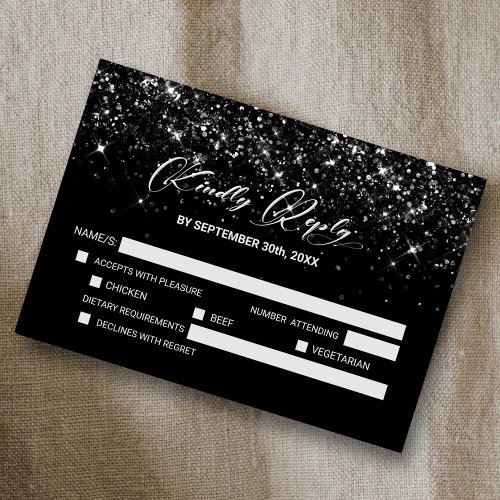 Black Glitter Wedding RSVP Card