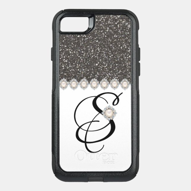 BLACK GLITTER WHITE MONOGRAMME OTTERBOX iPhone CASE (Back)