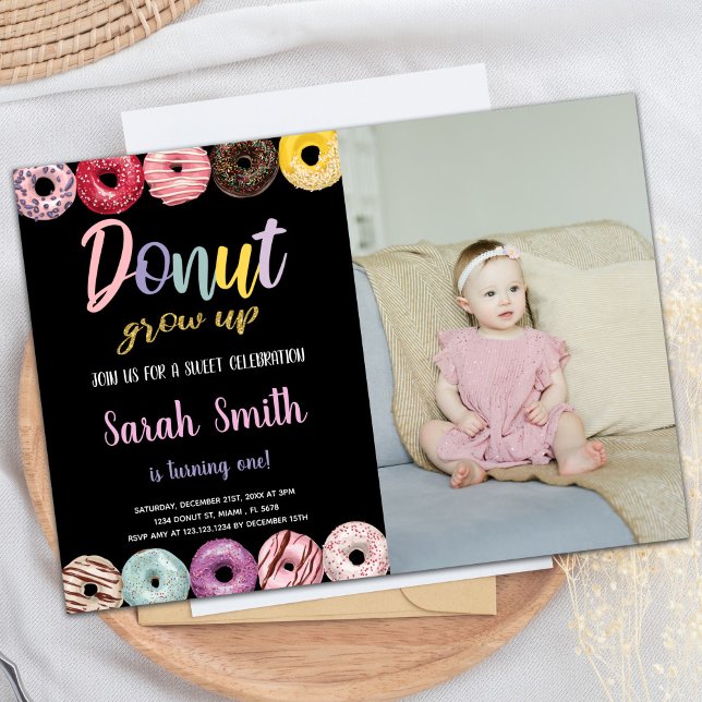 Black Glitter Yellow Photo Donut Invitations (Black Glitter Yellow Photo Donut Invitations)