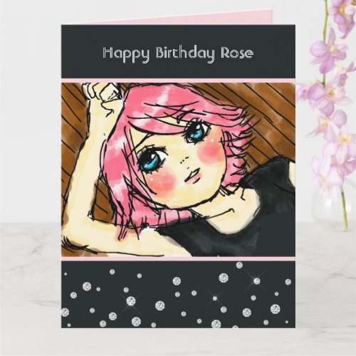 Black Glitzy Faux Diamonds Pink Hair Girl Birthday Card