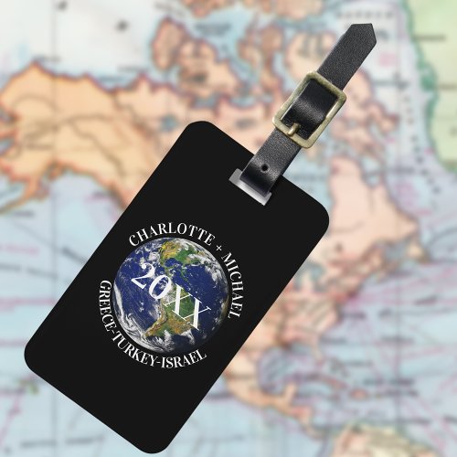 Black globe world map earth cruise names year luggage tag