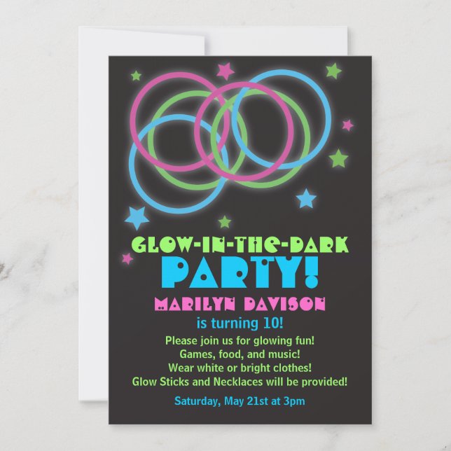 Black Glow in the Dark Rings Party Invitations (Front)