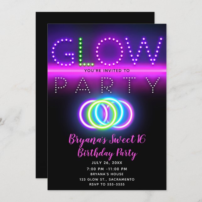 Black Glow Party Neon Lights Birthday Party Invitation (Front/Back)