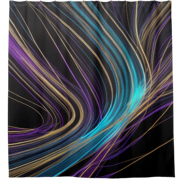 Black Glowing Lines Abstract Design Purple Blue Shower Curtain (Front)
