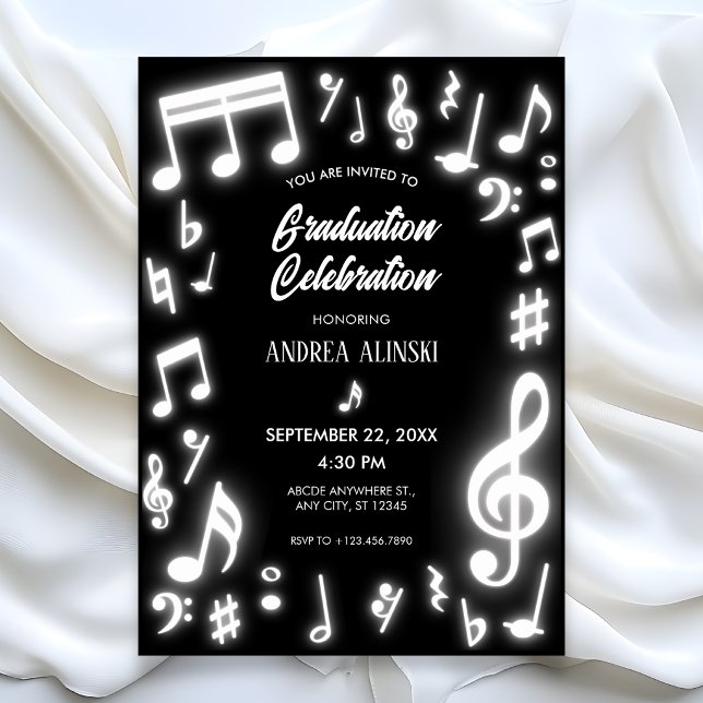 Black glows Music notes graduation Invitation (Creator Uploaded)