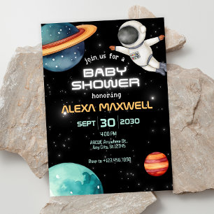 Black glows space planet astronaut baby shower invitation