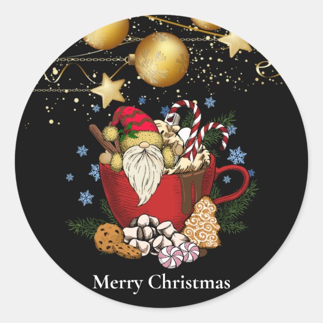 Black Gnome Merry Christmas Snow Flakes Classic Round Sticker (Front)