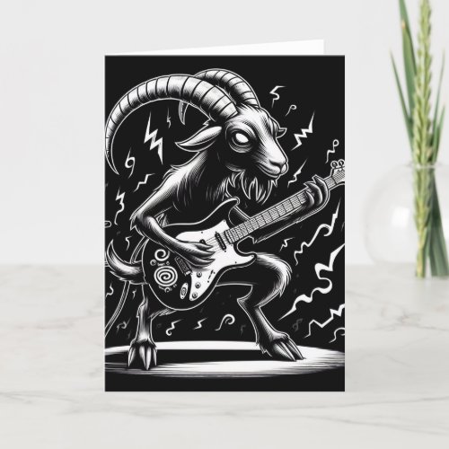 Black Goat Playing Guitar Black and White Card