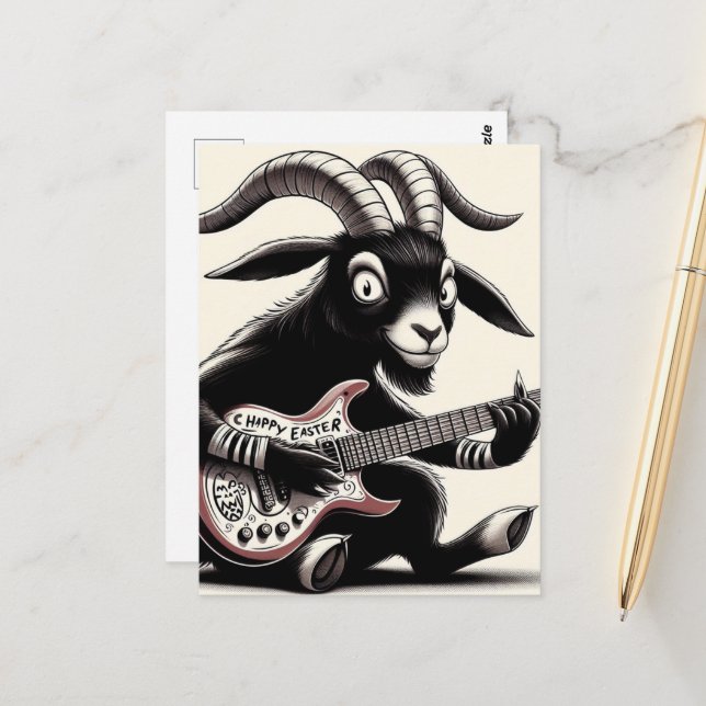 Black Goat Playing Guitar Happy Easter Postcard (Front/Back In Situ)