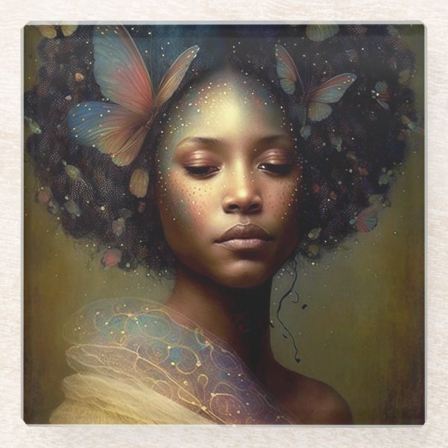 Black Goddess Fantasy Art Glass Coaster (Front)