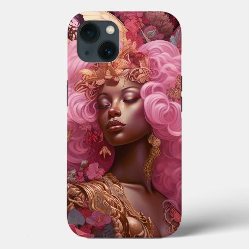 Black Goddess In Pink and Gold iPhone 13 Case