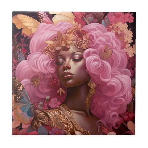 Black Goddess In Pink and Gold Ceramic Tile