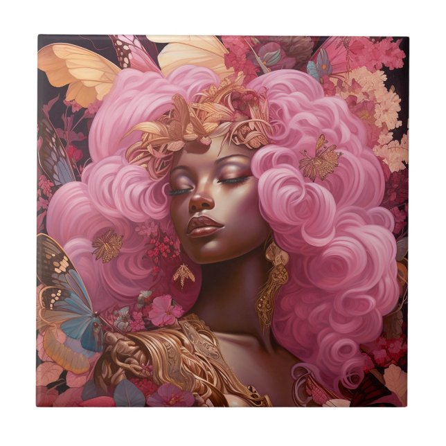 Black Goddess In Pink and Gold Ceramic Tile (Front)