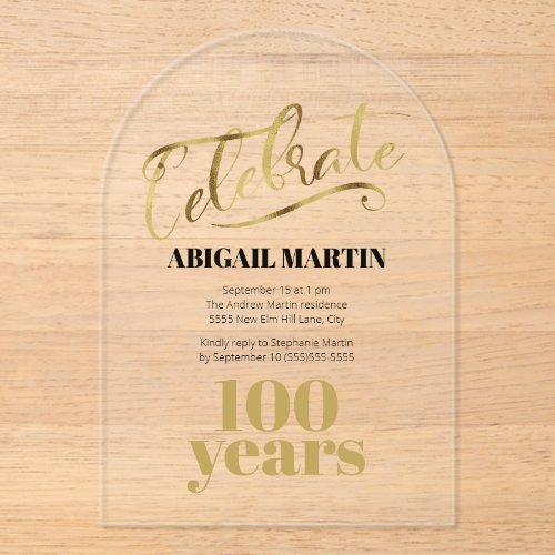 Black Gold 100th Birthday Clear Acrylic Arch