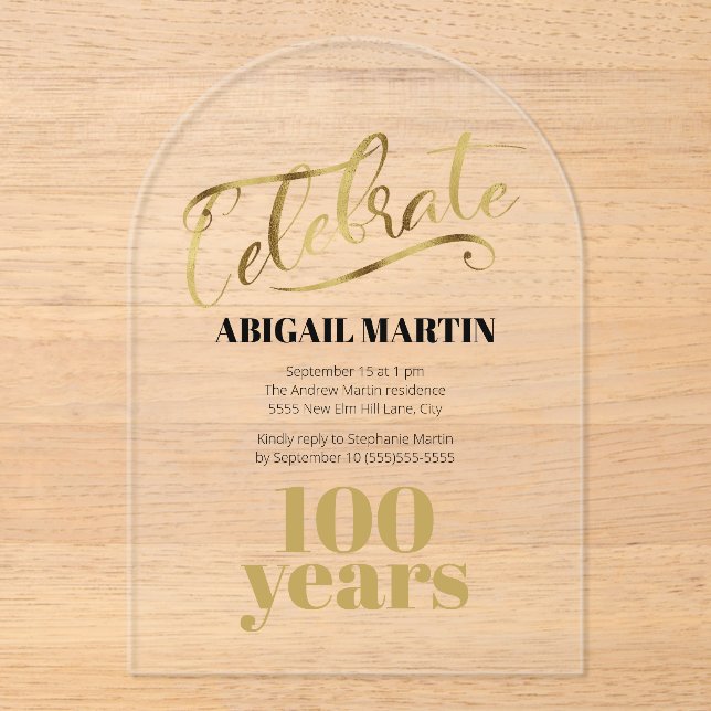 Black Gold 100th Birthday Clear Acrylic Arch Invitations (Front)