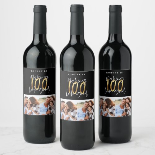 Black gold 100th birthday multi photo party  wine label