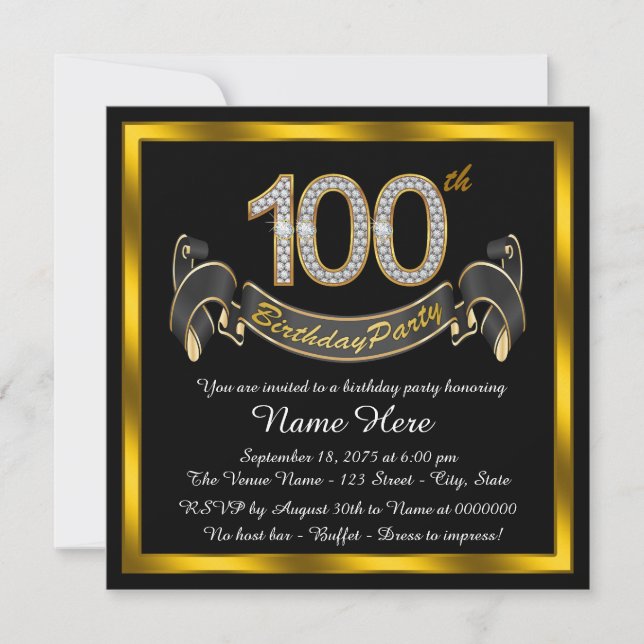 Black Gold 100th Birthday Party Invitation (Front)