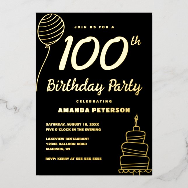 Black Gold 100th Birthday Party Real Gold Foil Invitation (Front)