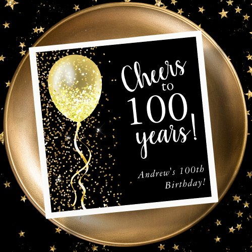 Black  Gold  100th Glitter Balloon Birthday  Napkins