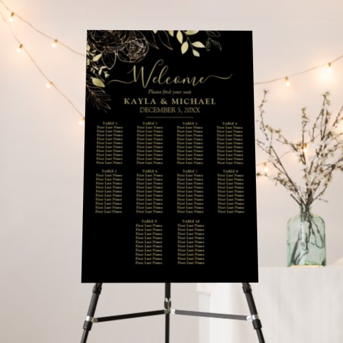 Black  Gold 10 Table Floral Wedding Seating Chart Foam Board