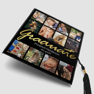 Black Gold 12 Photo Collage Graduation Cap Topper