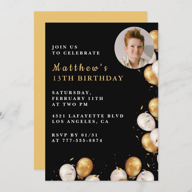 Black Gold 13th birthday invitation Balloon Photo  (Front/Back)