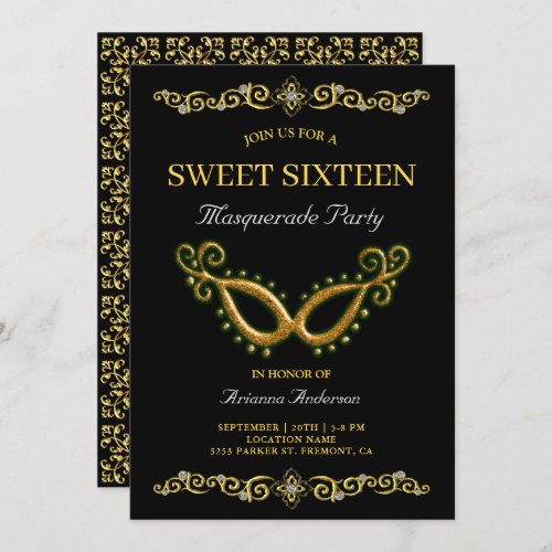 Black Gold 16th Birthday Masquerade Sweet Sixteen Invitation