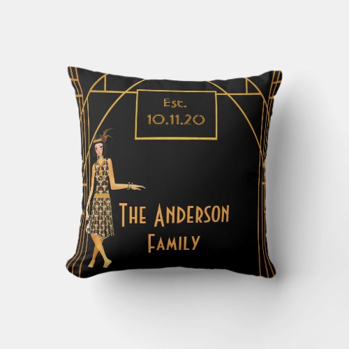 Black gold 1920 style art deco name throw pillow