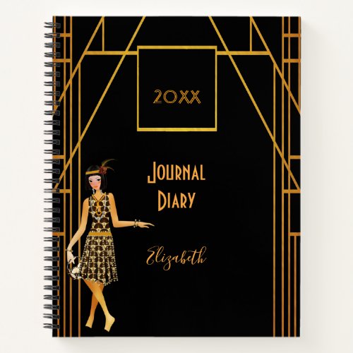 Black gold 1920s art deco style diary name notebook