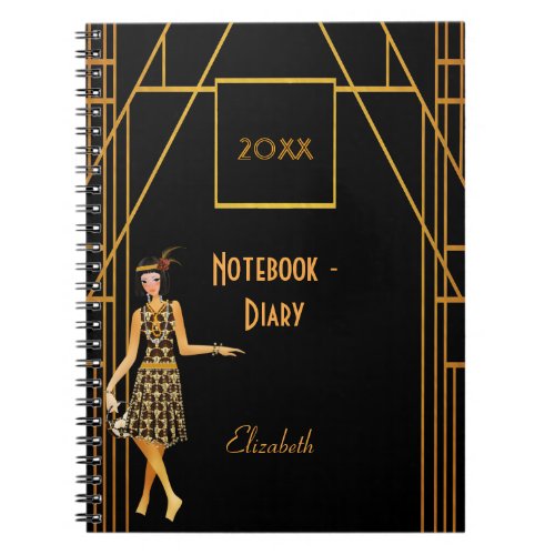 Black gold 1920s style art deco retro diary notebook