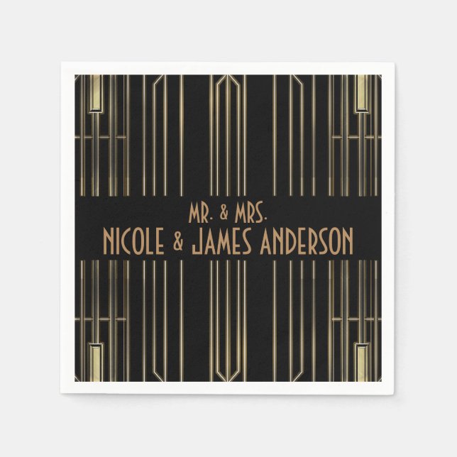 Black & Gold 20's Art Deco Gatsby Custom Wedding Napkins (Front)