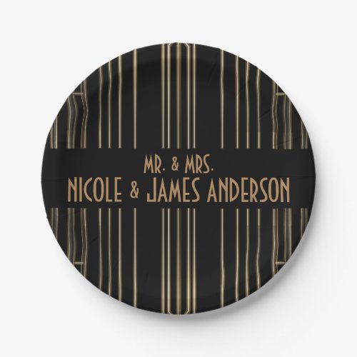 Black  Gold 20s Art Deco Gatsby Custom Wedding Paper Plates