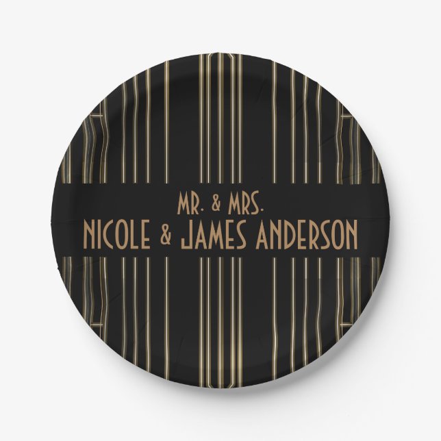 Black & Gold 20's Art Deco Gatsby Custom Wedding Paper Plates (Front)