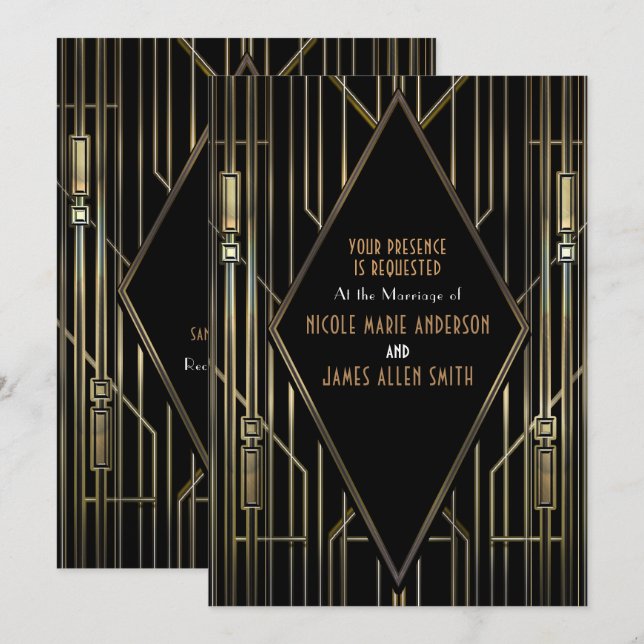 Black & Gold 20's Art Deco Gatsby Glam Wedding Invitation (Front/Back)