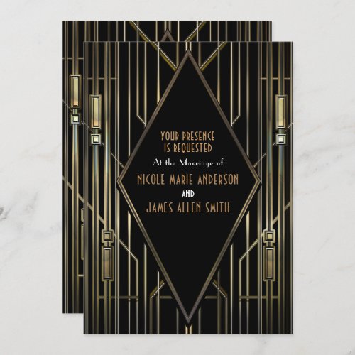 Black  Gold 20s Art Deco Gatsby Glam Wedding Invitation